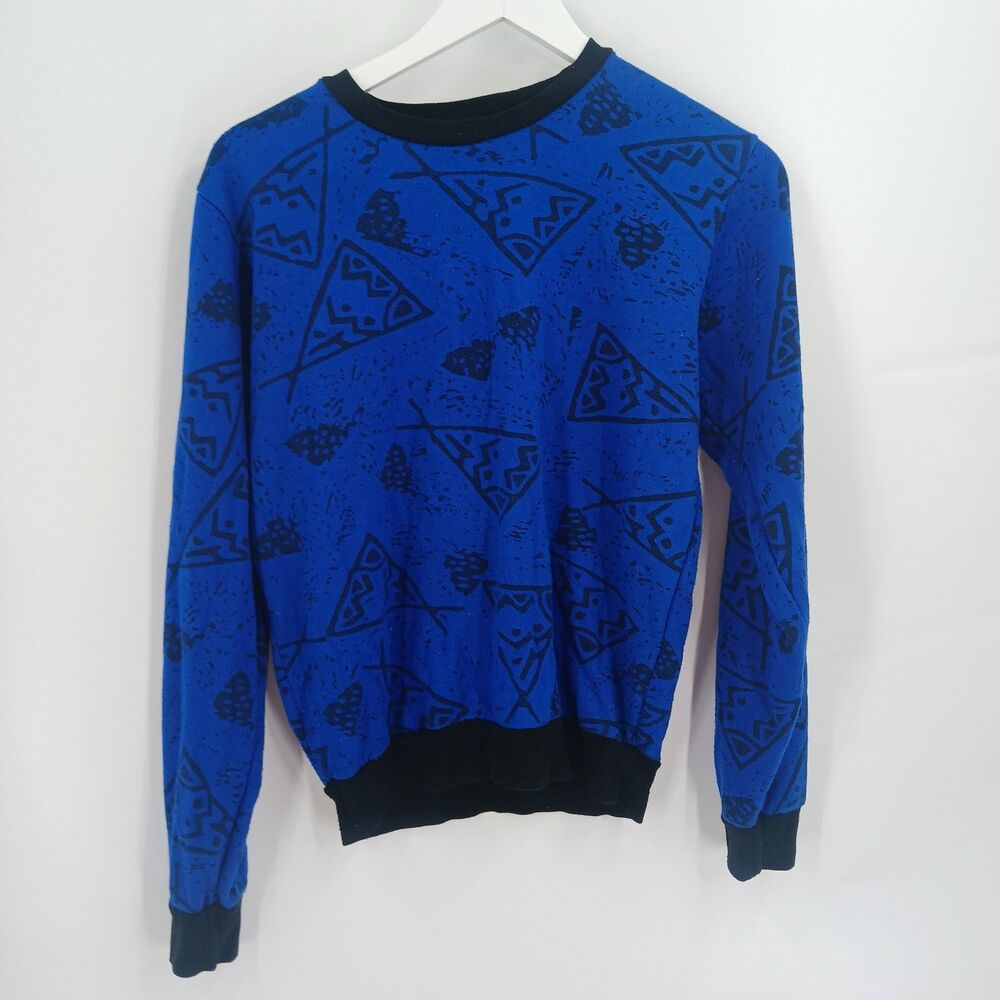 women Vintage Directions by Block Blue Geometric Pattern Knit Sweater Size Small